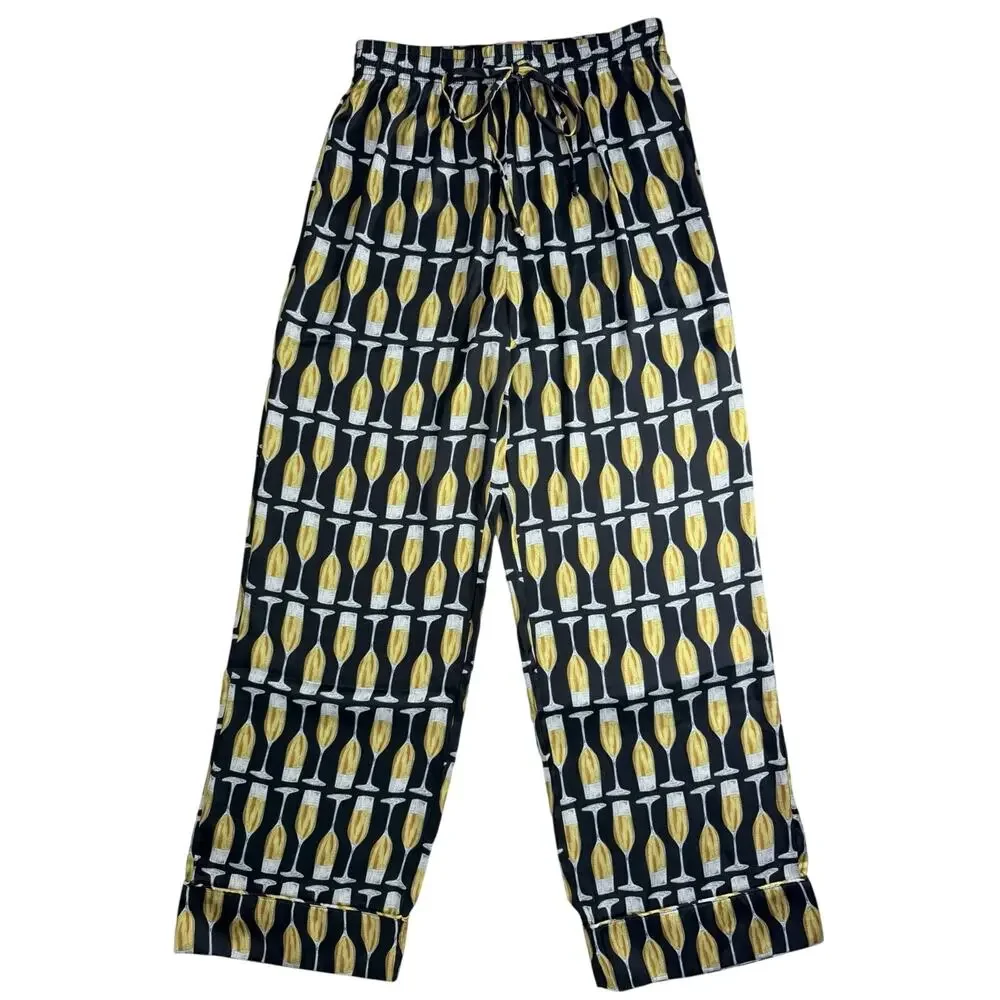 Show Me Your MUMU Champagne Flute Silk Pajama Pants XS Black PJ Bottoms EUC
